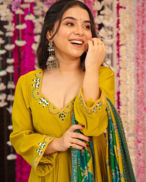 Premium Mustard Yellow Flared Kurti Set with Printed Dupatta