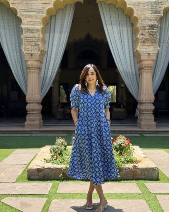 Blue Printed A-Line Kurti Dress