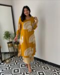 Mustard peacock print kurti set
