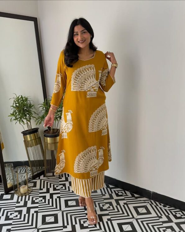 Mustard Yellow Peacock Kurti Set |