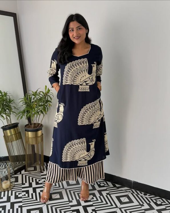 Navy Blue Peacock Print Kurti Set
