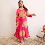 Pink peacock print kurti set for women with striped pants