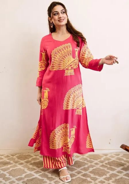 Pink peacock print kurti set for women with striped pants