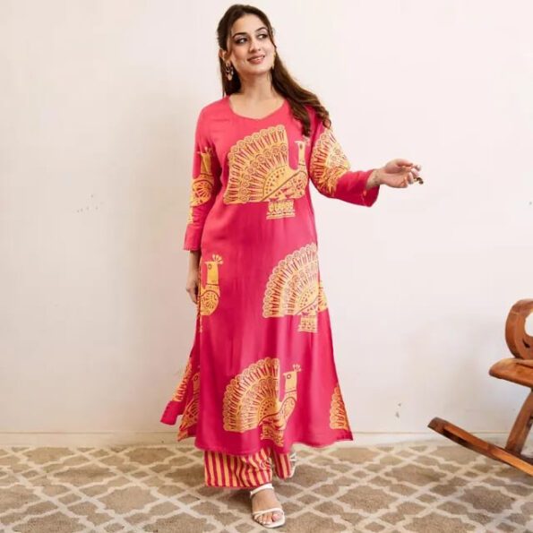 Peacock Print Pink Kurti Set with Pant