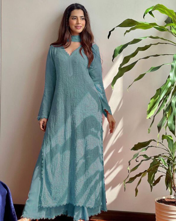 Teal Blue Embroidered Long Kurti Set with Dupatta