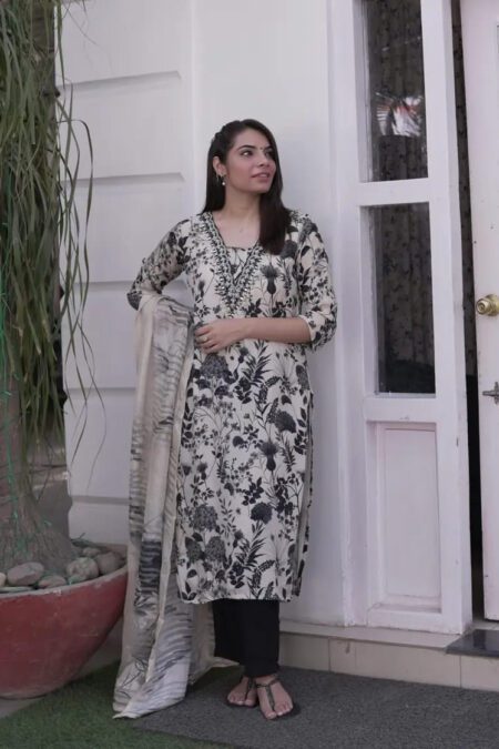 Black & Cream Floral Printed Kurti Set with Dupatta