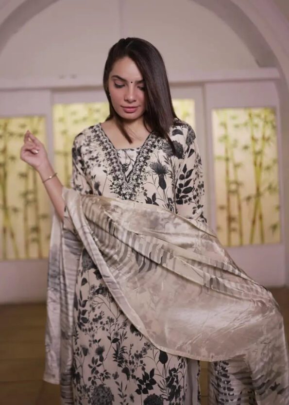 Black & Cream Floral Printed Kurti Set with Dupatta