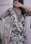 Black & Cream Floral Printed Kurti Set with Dupatta