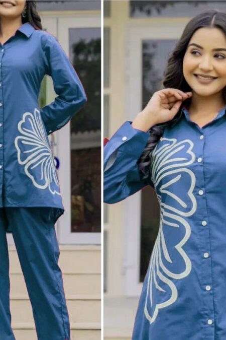 “Elegant blue cotton co-ord set for women with floral print shirt and matching pants”