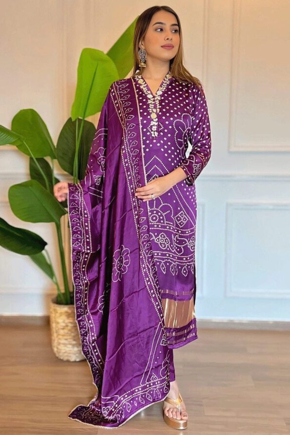 Royal Purple Bandhani Kurta Set with Dupatta