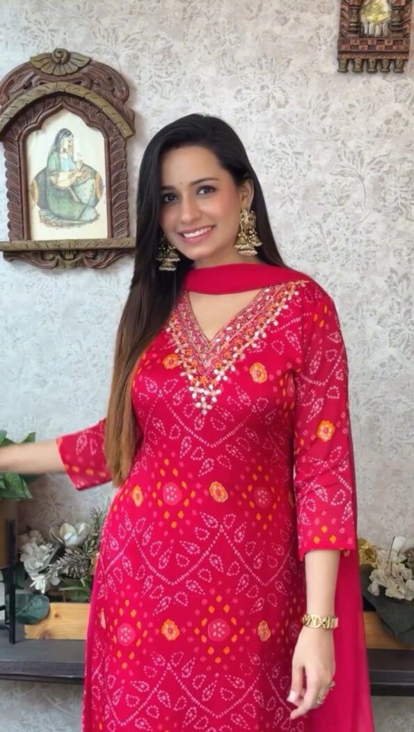 Red Bandhani Kurta Set with Pant & Dupatta