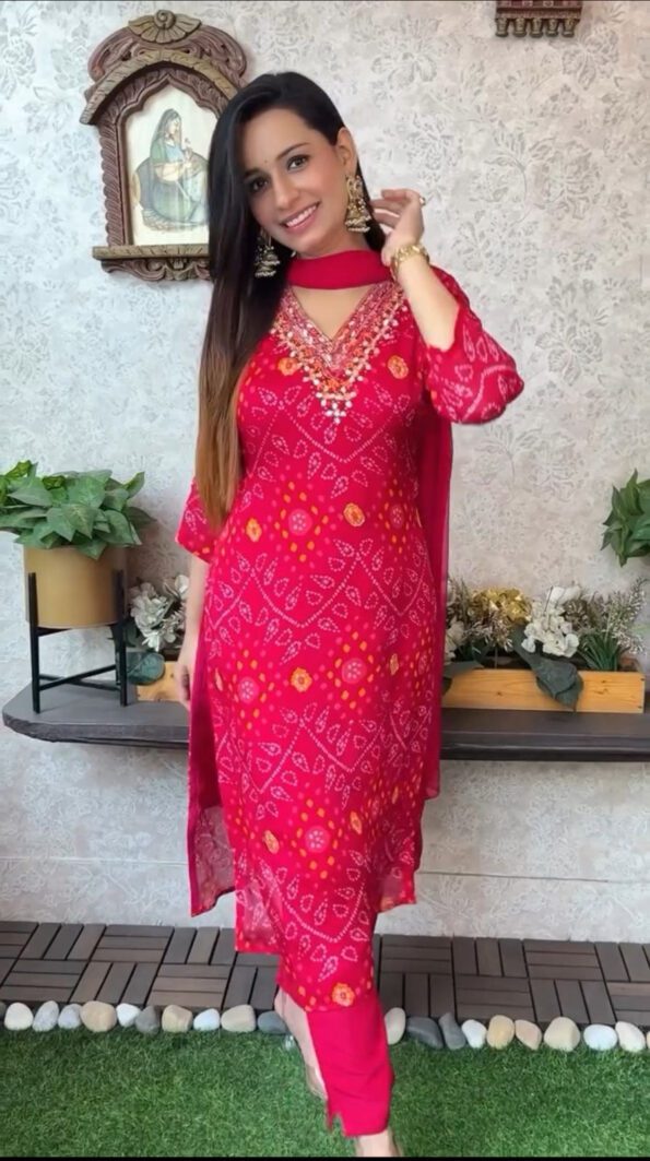 Red Bandhani Kurta Set with Pant & Dupatta