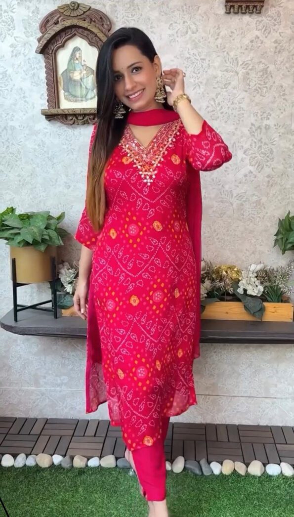 Red Bandhani Kurta Set with Pant & Dupatta