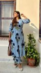 Blue & White Striped Floral Printed Cotton Kurta Set