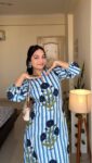 Blue & White Striped Floral Printed Cotton Kurta Set