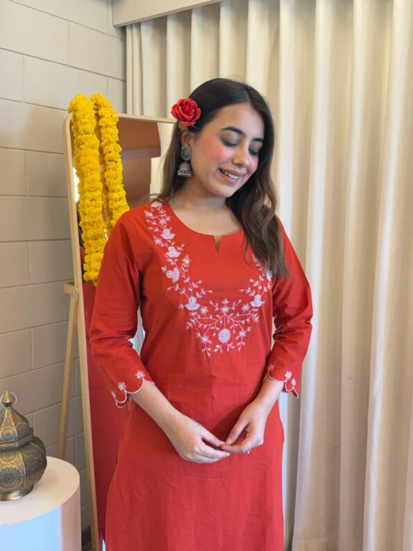 Rust Red Floral Embroidered Straight Kurta Set