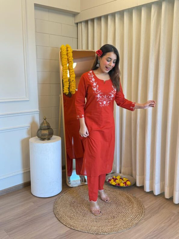 Rust Red Floral Embroidered Straight Kurta Set