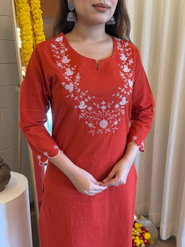 Rust Red Floral Embroidered Straight Kurta Set