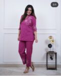 Magenta floral embroidered cotton kurti set for women with matching pants – ethnic Indian wear for office, daily, and casual occasions.