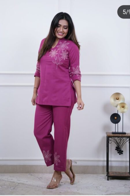 Magenta floral embroidered cotton kurti set for women with matching pants – ethnic Indian wear for office, daily, and casual occasions.