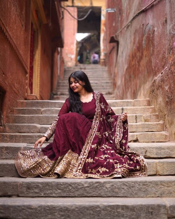 Maroon Embroidered Anarkali Kurti Set with Dupatta