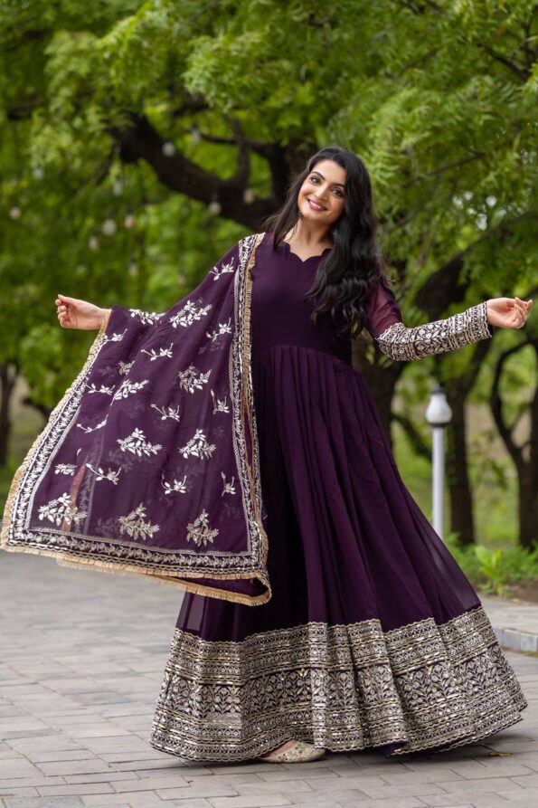 Plum Embroidered Anarkali Kurti Set with Dupatta