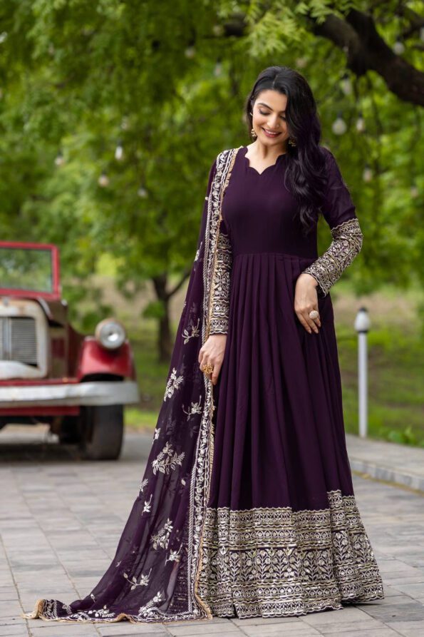 Plum Embroidered Anarkali Kurti Set with Dupatta
