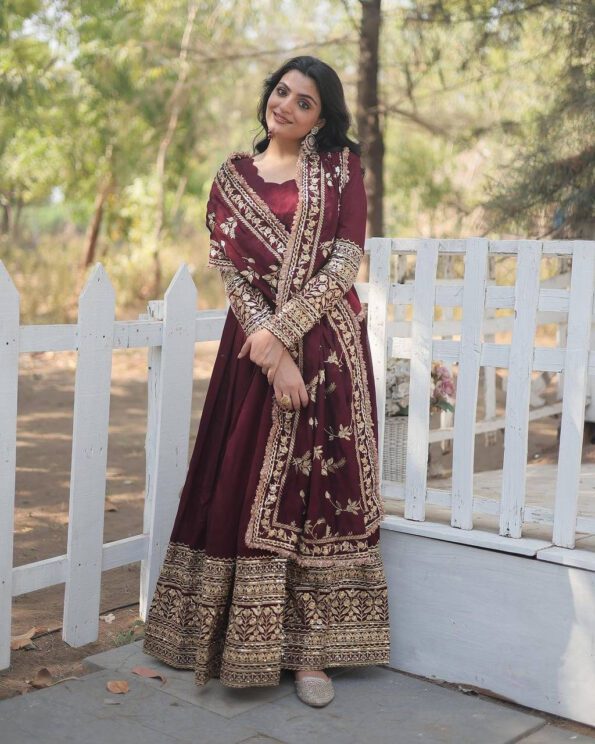 Maroon Embroidered Anarkali Kurti Set with Dupatta
