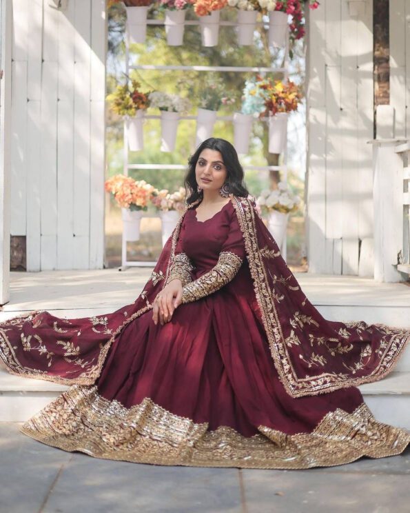 Maroon Embroidered Anarkali Kurti Set with Dupatta