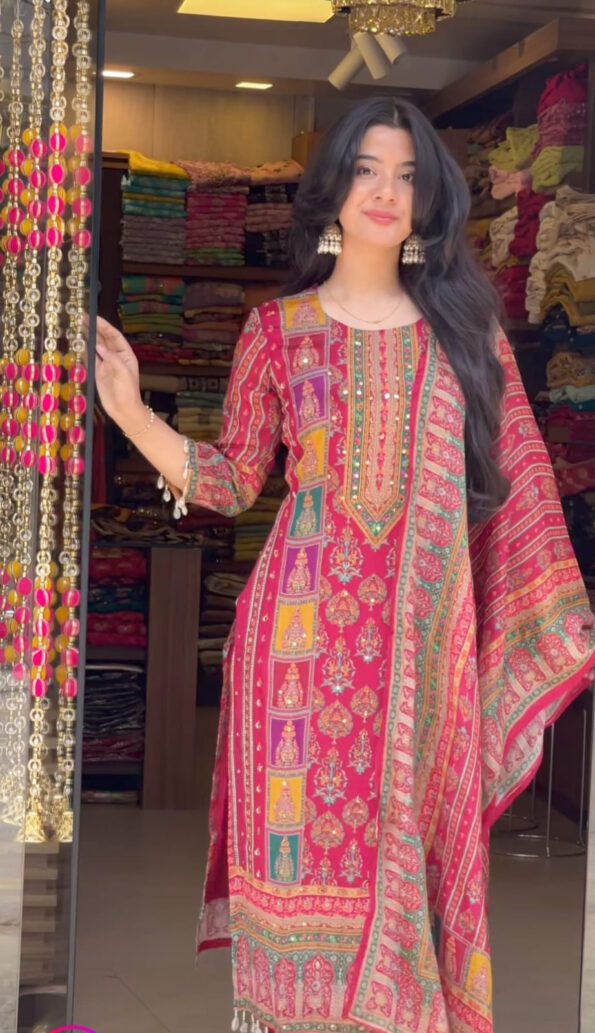 Red Printed Kurta Pant Set with Dupatta