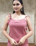 Chic Pink Sleeveless Cotton Kurti Set with Tie-Up Shoulder