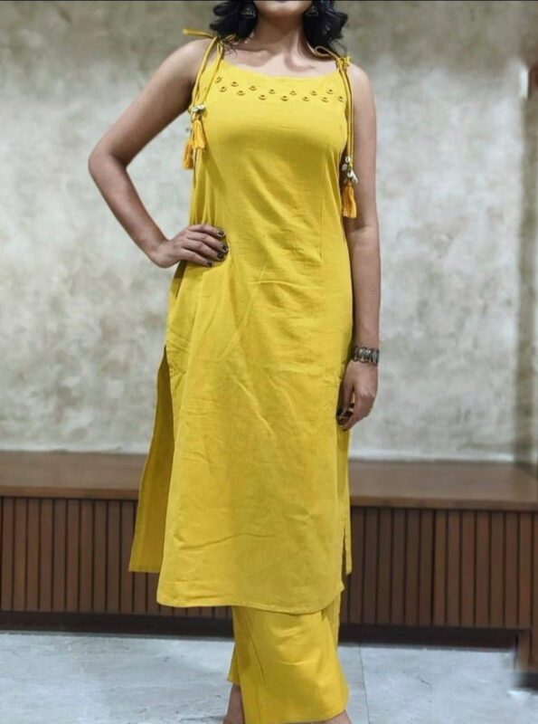 Vibrant Yellow Sleeveless Cotton Kurti Set