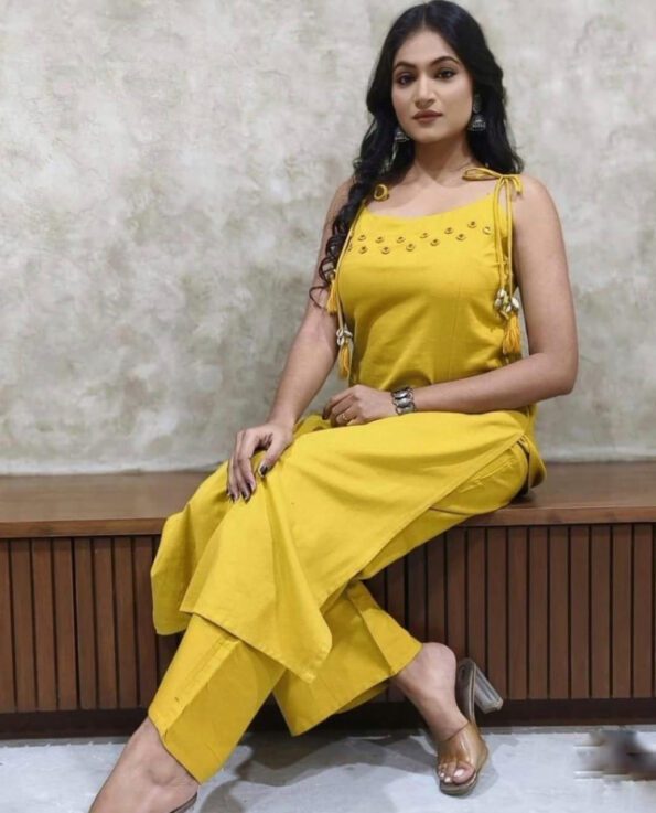 Vibrant Yellow Sleeveless Cotton Kurti Set