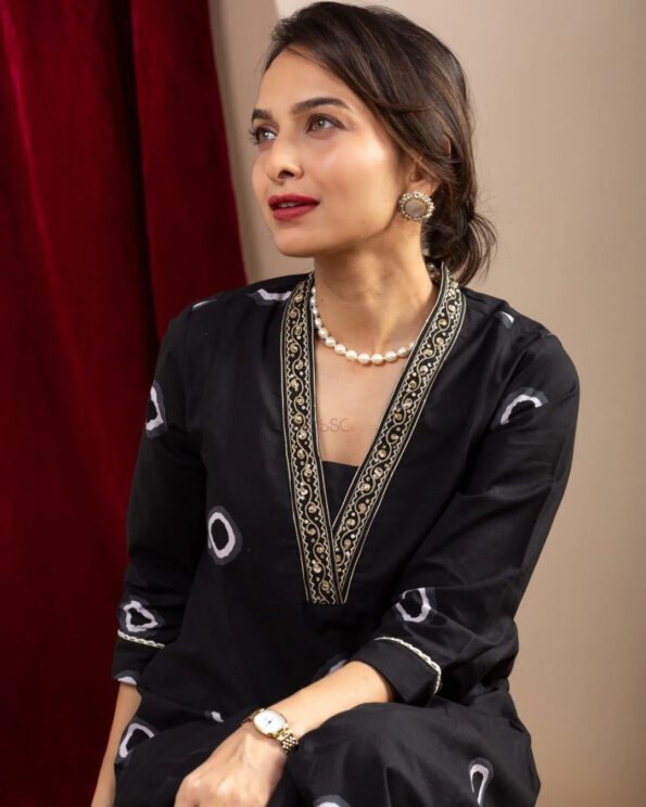 Black Embroidered Kurta Pant Set for Women