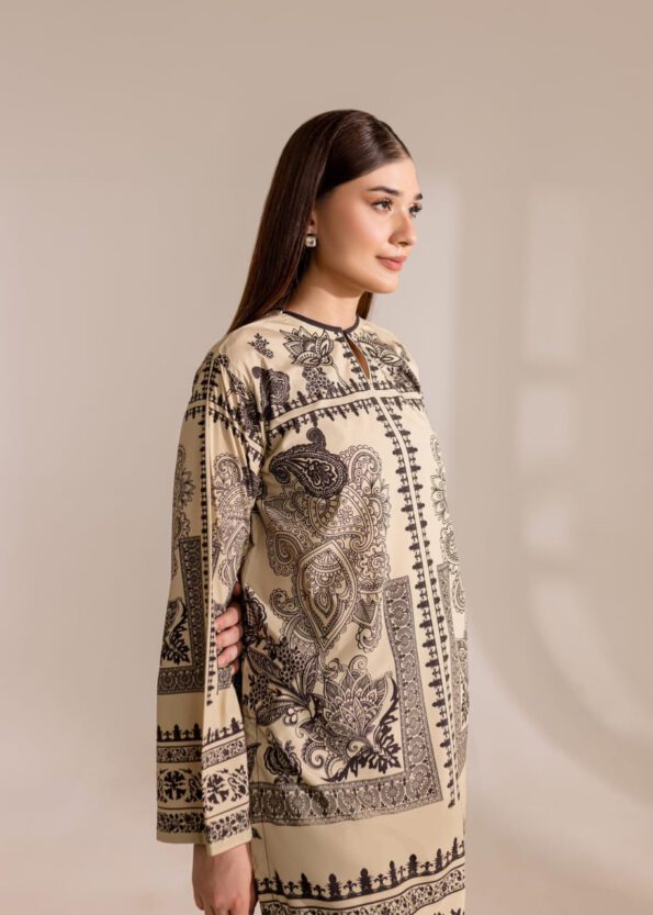 Beige & Black Printed Cotton Kurti Set