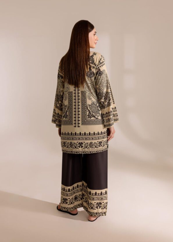 Beige & Black Printed Cotton Kurti Set