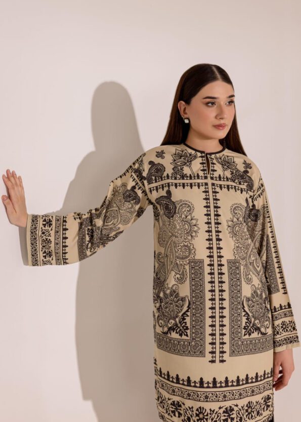 Beige & Black Printed Cotton Kurti Set