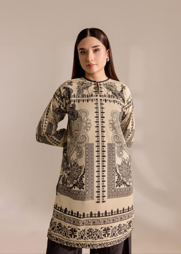 Beige & Black Printed Cotton Kurti Set
