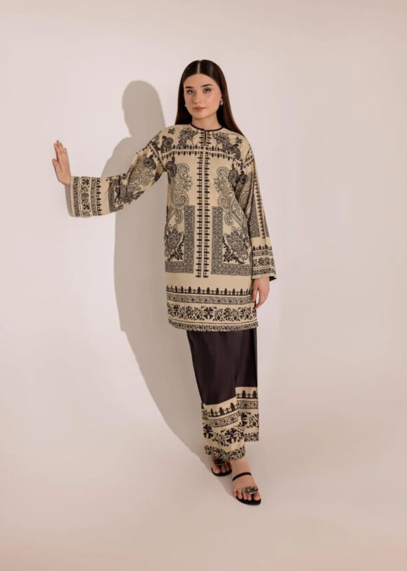 Beige & Black Printed Cotton Kurti Set