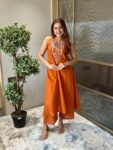 Rust Orange Embroidered Kurta Pant Set for Women