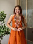 Rust Orange Embroidered Kurta Pant Set for Women