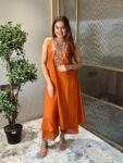 Rust Orange Embroidered Kurta Pant Set for Women
