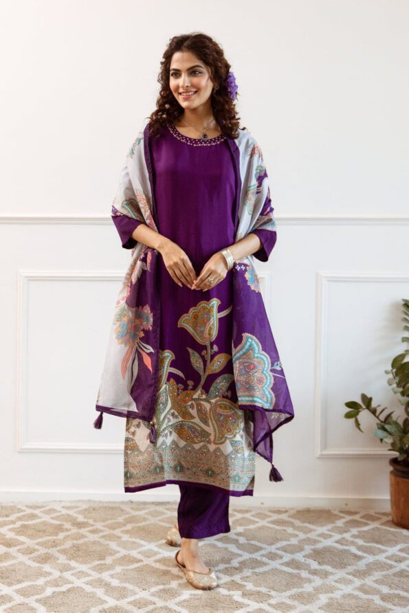 Purple Floral Printed Kurti Set with Dupatta