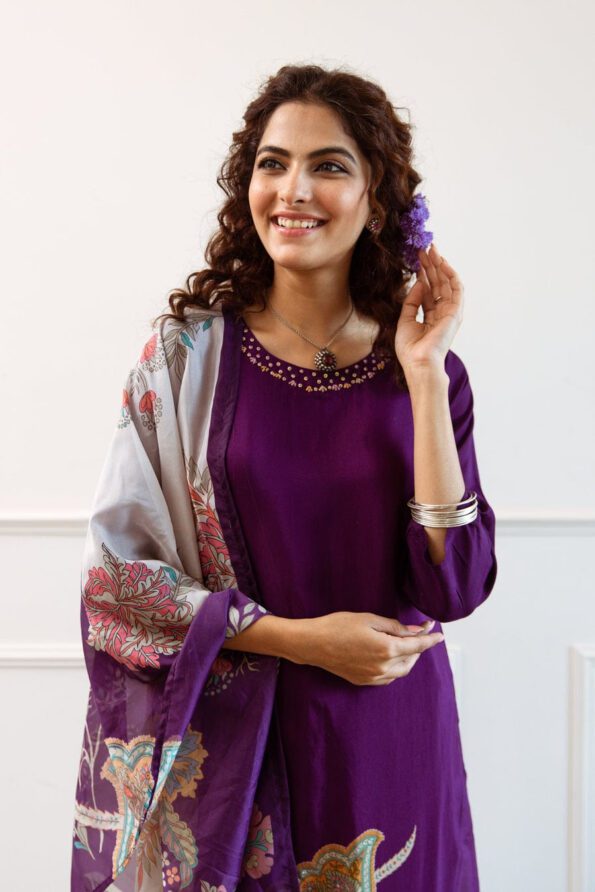 Purple Floral Printed Kurti Set with Dupatta