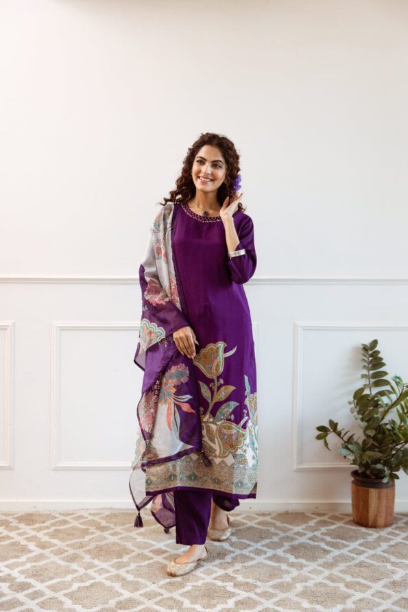 Purple Floral Printed Kurti Set with Dupatta