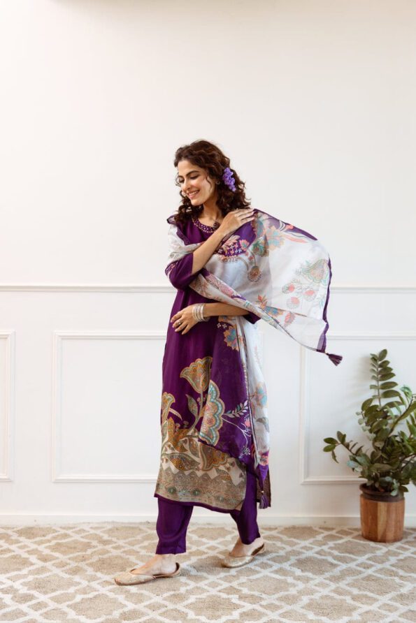 Purple Floral Printed Kurti Set with Dupatta