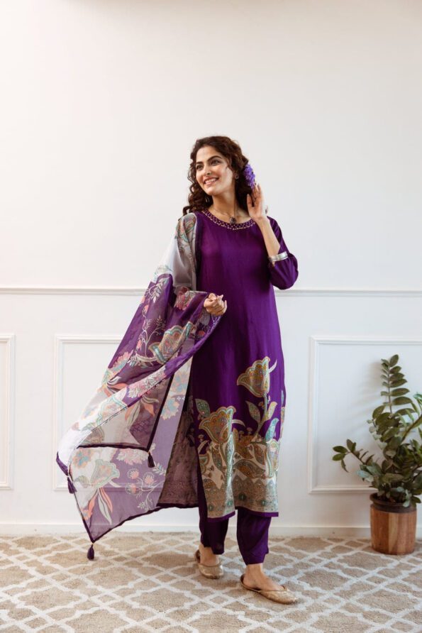 Purple Floral Printed Kurti Set with Dupatta