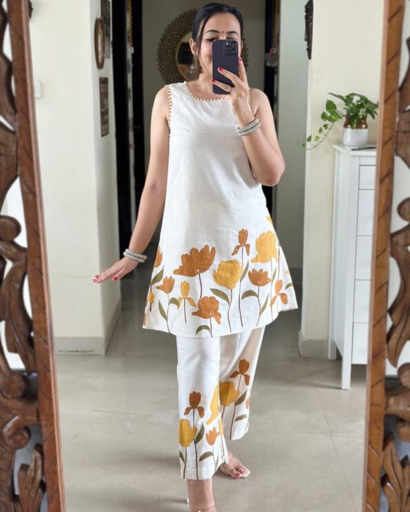 White Floral Cotton Kurti Set