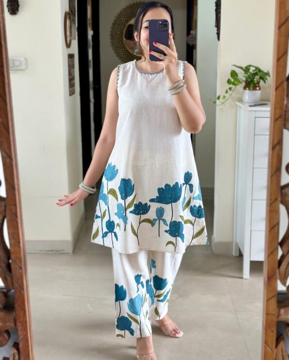 White Floral Kurti Pant Set