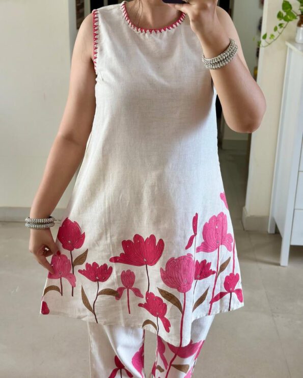 White Floral Cotton Kurti Set